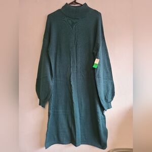 NEW women's large deep green mock neck wool blend sweater shirt long dress
